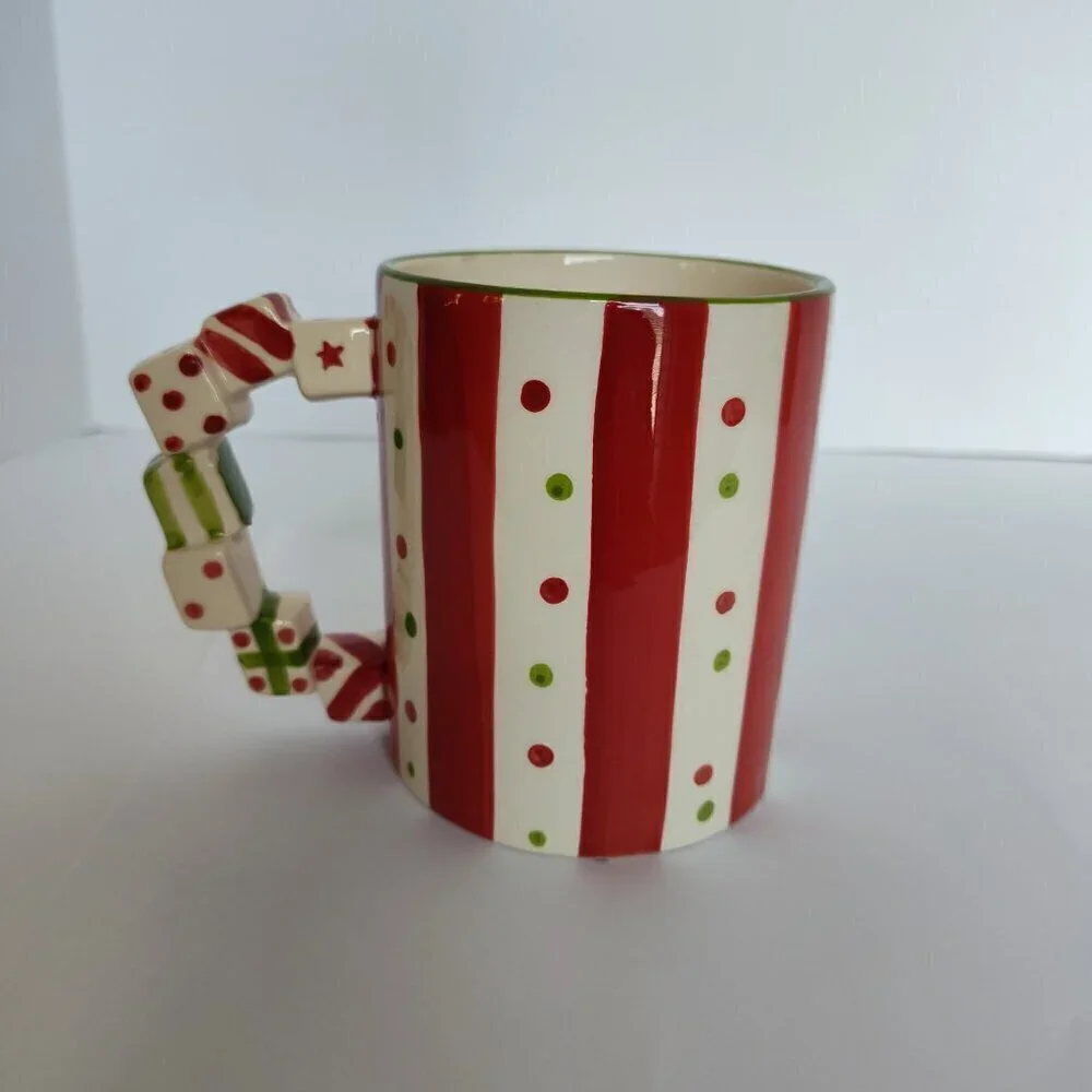 Holiday Stripe/Gift Box Handle Ceramic Mug